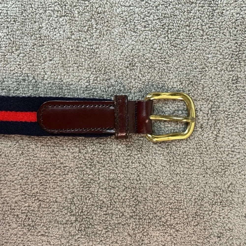 Mens Navy Red Striped Canvas Leather Surcingle Belt Brass Buckle 32 58505 86